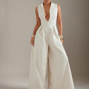 Apricot Elegant Women's Extreme Wide Leg Zip Front Sleeveless Jumpsuit